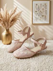 1 đôi sandal cao gót hở mũi mùa hè cho bé gái, màu hồng nhạt thời trang với khóa cài, sandal cao gót lưới đính sequin thêu bạc cho trẻ em, thích hợp cho tiệc sinh nhật, phối đồ, du lịch và dã ngoại. - Hồng - Xem 3