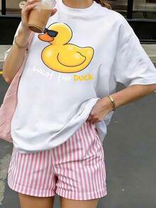 1 pieza Camiseta con estampado gráfico Cool Duck What The Duck, cuello redondo, manga corta, camiseta casual a la moda, ajuste cómodo, lavable a máquina para primavera y verano, ropa de mujer, 180g 100% algodón, todos los diseños están impresos. Unisexo. - Blanco - Ver 1