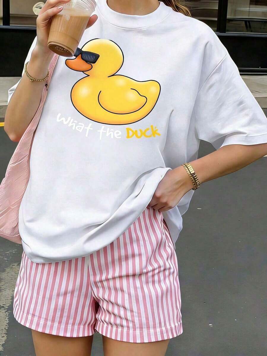 1 pieza Camiseta con estampado gráfico Cool Duck What The Duck, cuello redondo, manga corta, camiseta casual a la moda, ajuste cómodo, lavable a máquina para primavera y verano, ropa de mujer, 180g 100% algodón, todos los diseños están impresos. Unisexo. - Blanco - Ver 1