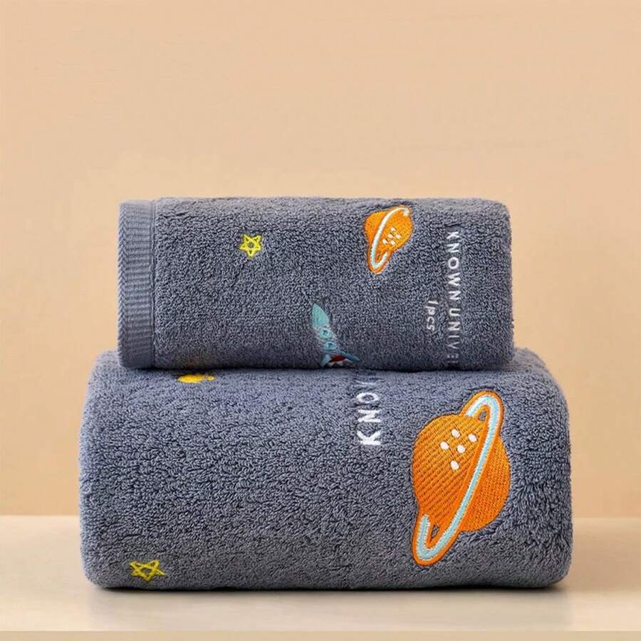 1 pieza Toalla de baño/Toalla y 2 piezas (Toalla de baño + Toalla) Diseño bordado creativo de nave espacial, toalla gruesa absorbente y suave amigable con la piel, adecuada para gimnasio, spa, natación, secado de cara y Body, juego para el hogar - Multicolor - Ver 1