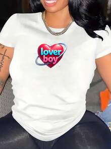 Ropa de mujer de talla grande con cuello redondo, camiseta de manga corta con cuello redondo, diseño lindo y dulce, moderna e informal, de algodón puro transpirable de talla grande, adecuada para ocasiones cotidianas con temática de amor. Blusas para Mujer Casual. - Blanco - Ver 6
