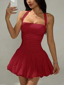Vestido informal corto de unicolor con cuello de lazo y espalda descubierta para mujer - Burdeos - Ver 7