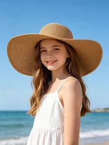 1 pièce Chapeau de soleil à large bord, grande taille, pour dames et adolescentes, couleur unie avec protection UV, chapeau d'été léger et respirant pour les voyages et les vacances - chapeau de paille à larges bords - Voir 3