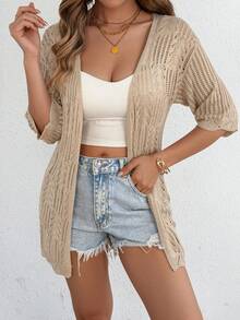 Cardigan lavorato a maglia traforato di colore unito, camicia casual da spiaggia e vacanza per protezione dal sole, primavera/estate - Cachi - Visualizzare 6