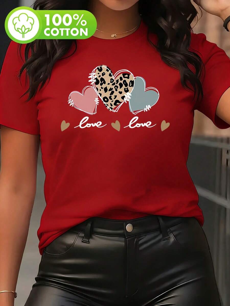 Soft 100% Cotton Women's T-Shirt, Round Neck, Casual, For Summer, Breathable, For Spring/Summer/Autumn (Machine Washable), Suitable For Casual Wear, Women's Short Sleeve T-Shirt With Creative Print, Women's Round Neck T-Shirt, Breathable Cotton T-Shirt, Matches Everything. - 紅色 - 查看 1