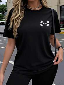 Soft 100% Cotton T-Shirt, Single Pack, Women's Short Sleeve T-Shirt, Creative Fitness Team Design, Fun And Artistic Print, Breathable And Stretchy Round Neck Top, Comfortable Outdoor Clothing In Spring, Summer And Autumn, Y2K Style, Loose Fit, Casual, Simple And Fashionable, Breathable Cotton T-Shirt, Matches Everything. - 黑色 - 查看 6