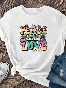 Plus Size Women's T-Shirt, Retro Hippie Style Printed T-Shirt, Versatile Top For Everyday Wear, Casual Short Sleeve Women's Clothing, Suitable For Daily Wear And At Home, Casual Short Sleeve T-Shirt For Women, Short Sleeve T-Shirt. - 白色 - 查看 1