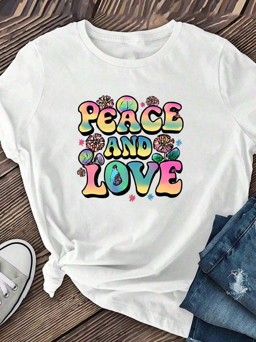 Plus Size Women's T-Shirt, Retro Hippie Style Printed T-Shirt, Versatile Top For Everyday Wear, Casual Short Sleeve Women's Clothing, Suitable For Daily Wear And At Home, Casual Short Sleeve T-Shirt For Women, Short Sleeve T-Shirt. - 白色 - 查看 1
