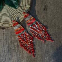 AHAYA Handmade Geometric Long Tube Bead Earrings, Fashion Tassel Drop Earrings With Glass Beads, Versatile Beaded Earrings Suitable For Daily Wear And Vacation - Red - View 7
