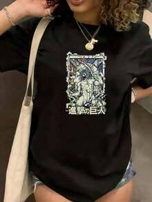 Bajo el Radar Cuello Redondo Estampado Divertido ﻿      Camiseta de anime con diseño de vidrio tintado de colores que muestra al personaje Titán y texto en japonés para los fans de la serie. Unisex, adecuada para regalos navideños. Estilo callejero vintage. Camiseta unisex de algodón holgada de manga corta y cuello redondo. - Negro - Ver 6