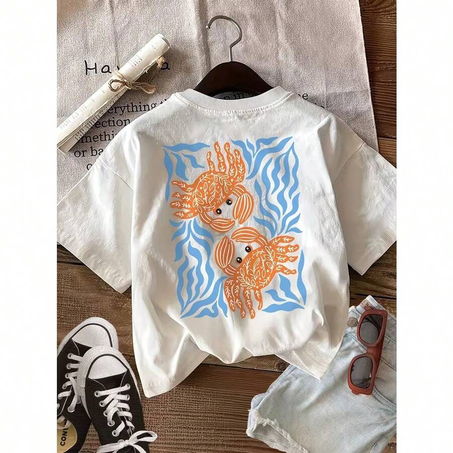 Women's Reversible Printed T-Shirt With A Fun Crab And Seaweed Design, Perfect For Spring And Summer - [White] - View 1