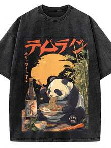 Camiseta de algodón lavado con estampado de panda, camiseta de marca de moda vintage de algodón batik de alta calidad, camiseta unisex, popular para uso diario, regalo para las fiestas, regalo perfecto. - Negro - Ver 7