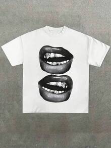 Soft Casual T-Shirt With A Fun Barbecue Lips Print Using Heat Transfer. - White - View 1