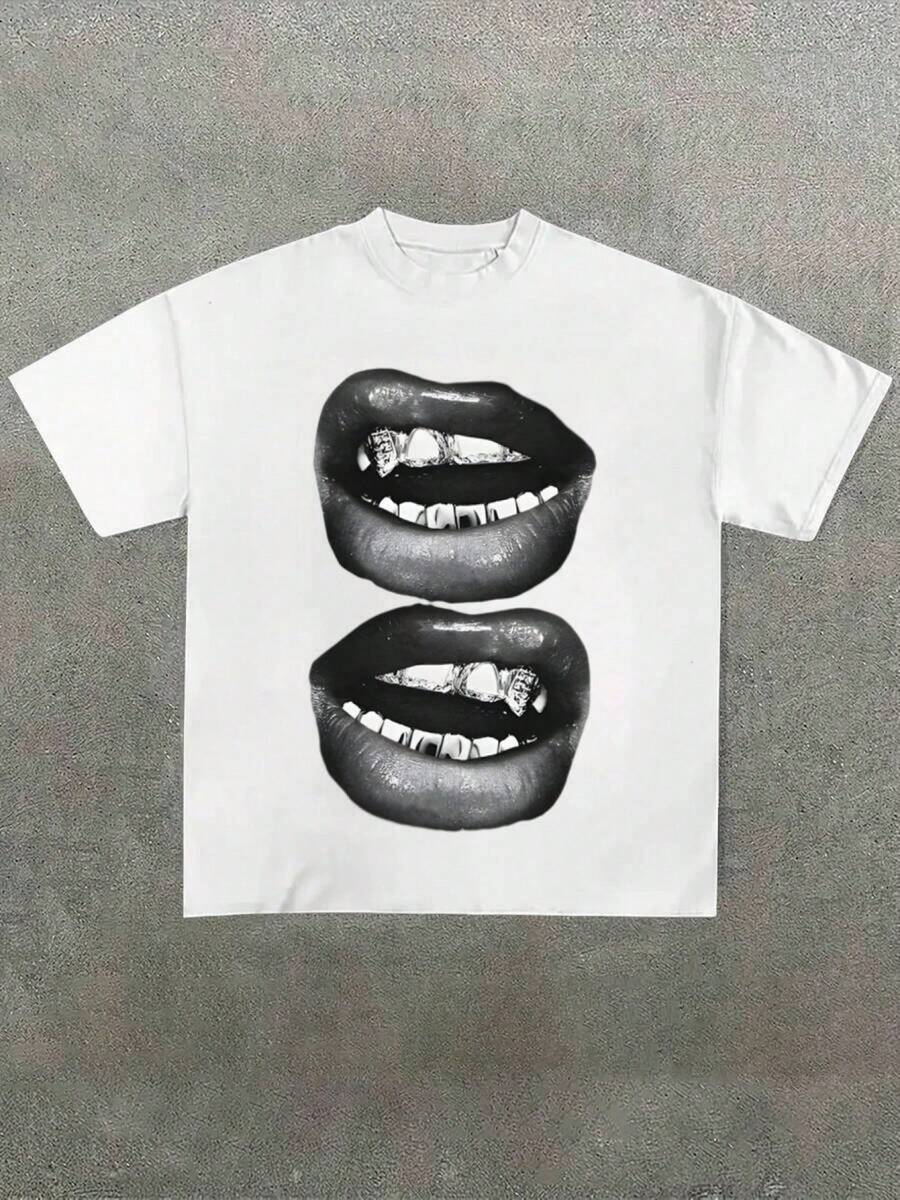 Soft Casual T-Shirt With A Fun Barbecue Lips Print Using Heat Transfer. - White - View 1