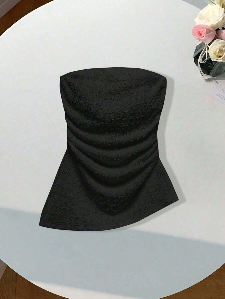 Top bandeau ajustado minimalista casual de mujer, bajo asimétrico, estampado de lunares, conjunto de verano - Negro - Ver 1