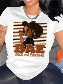 Women's Casual T-Shirt With "Black And Educated" Graphic Print - Stylish Black And White Design, Short Sleeve, Crew Neck, Lightweight Blend, Perfect For Spring/Summer/Autumn, Casual Wear | Bold Graphic Design T-Shirt | Comfortable Fit Y2k T-Shirt - 黑色 - 查看 10