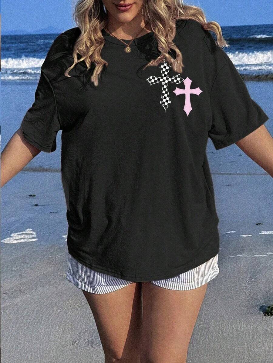Plaid Cross Graphic Round Neck Short Sleeve T-Shirt, Casual Pullover Tee For , Summer Ropa deportiva estilo Y2K, cuello redondo, 100% algodón, tejido suave, manga corta. - Negro - Ver 1