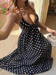 Vestido maxi con escote en V profundo, cuello halter, espalda descubierta y cintura con lazo, con lunares negros, estilo sexy y elegante europeo y americano, adecuado para primavera/verano y vacaciones en la playa - Negro - Ver 4