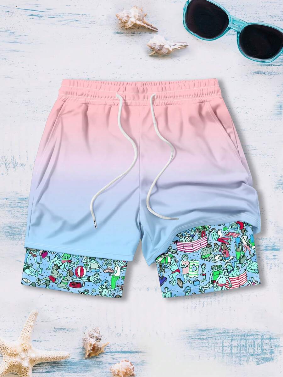 Pantalones cortos de playa de doble capa con estampado divertido para hombres, verano - Multicolor - Ver 1