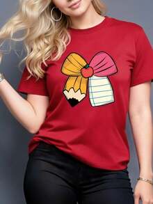 Women's Casual Summer T-Shirt With Pencil Bow Print, Machine Washable, Stretchy Fabric, Ideal For Everyday Wear And Lounging At Home, Versatile Garment, Couple's T-Shirt, Nian Nian Direction, Circles - [紅色的] - 查看 1