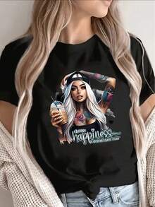 Lightweight And Durable T-Shirt With A Graphic Design Of A Person With A Drink, Ideal For Casual Outings At Home Or In Restaurants, Designed For Everyday Comfort And Style. - 黑色 - 查看 1