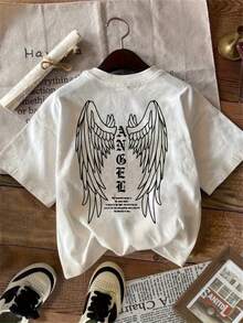 1 Piece Of Women's Casual Short-Sleeve T-Shirt With Angel Wing And Letter Print, White With Black Line Art, Round Neck, Machine Washable, Versatile Casual Outfit, Birthday And Holiday Gift For Women And Teens, Minimalist Design, Non-See-Through Fabric, Y2k T-Shirt. - 白色 - 查看 10