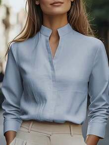de unicolor de estilo europeo y americano de , diseño de cuello de satén, blusa elegante de manga larga y ajuste ceñido para primavera - Celeste - Ver 7
