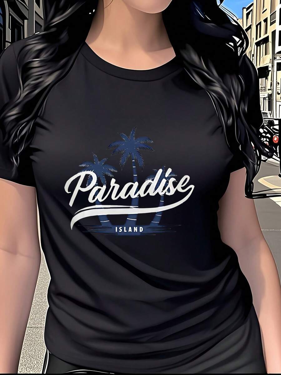 Paradise Island Tropical Palm Tree Print T-Shirt, Women's Short Sleeve Round Neck Clothing, Modern And Casual, Versatile, Essential For Summer Beach Holidays, Suitable For Daily Wear And Shopping, Pure Cotton Print T-Shirt For Women. - 黑色 - 查看 1