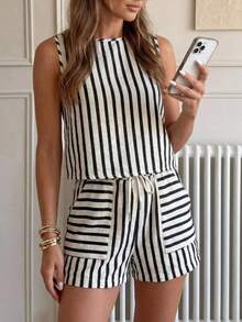 Set de 2 piezas de top corto sin mangas a rayas y pantalones, conjunto informal de verano con bolsillos para mujer - Negro 2 - Ver 8