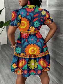 Vestido mini minimalista casual de mujer, adecuado para el verano, las vacaciones, estampado floral tropical, manga abullonada, corte evasé, estilo bohemio - Azul marino - Ver 3