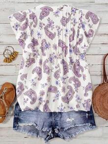 Blusa casual de mujer con estampado de cerezas, cuello plisado y mangas cortas de campana en silueta "H", para uso diario y vacaciones - Morado - Ver 2
