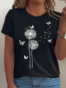 Camiseta casual de verano para mujer con estampado de mariposas y diente de león, cuello en V y manga corta, sencilla y elegante. - Negro - Ver 1