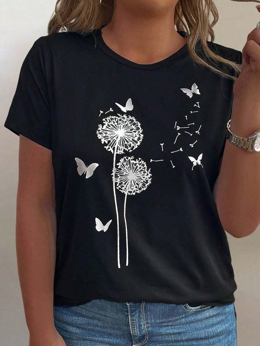 Camiseta casual de verano para mujer con estampado de mariposas y diente de león, cuello en V y manga corta, sencilla y elegante. - Negro - Ver 1