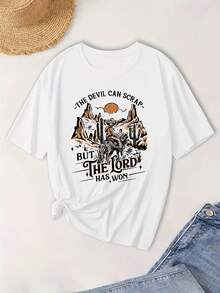 Camiseta de talla grande con estampado de vaquero, camiseta casual de manga corta con cuello redondo, ropa de talla grande para mujer - Blanco - Ver 5