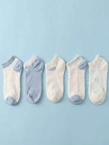 5 Pairs Of Light Blue Heart-Shaped Mesh Boat Socks Summer Comfortable And Versatile Shallow Socks - Multicolor - View 6