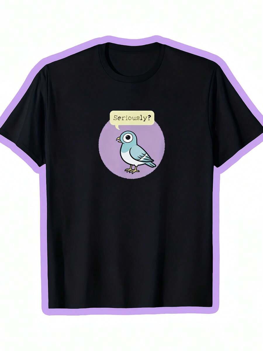 Camiseta de manga corta con cuello redondo para hombre, con un diseño de paloma serio pero divertido, adecuada para uso casual en todas las estaciones. - Negro - Ver 1