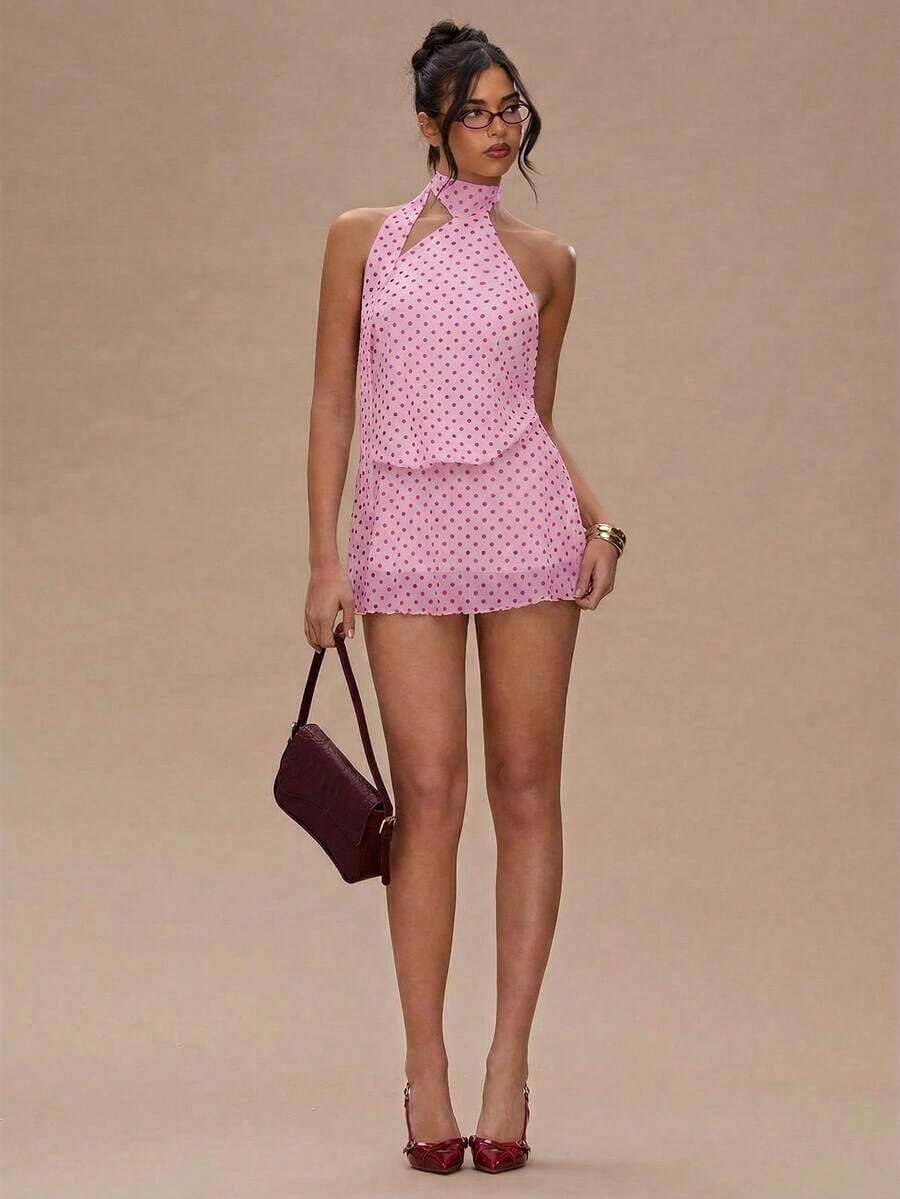 Vestido mini de mujer con estampado de lunares, estilo vacacional, de escote de halter - Rosa - Ver 1