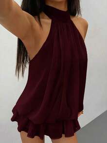 Vestido mini elegante de mujer de color amarillo claro con cuello halter y lazo, adecuado para fiestas, citas, otoño/invierno, primavera/verano - Café integral - Ver 2