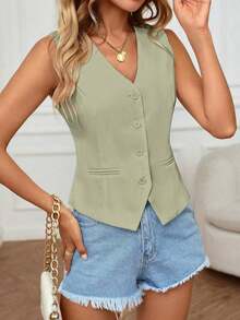 Chaleco sin mangas elegante y casual para uso diario en verano para mujeres - Verde - Ver 4