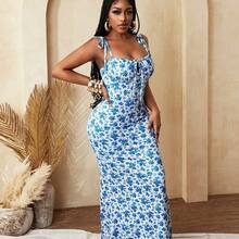 BamGlam Women Floral Print Bodycon Sexy Fashion Elegant Party Vacation Festival Summer Dress - Azul - Ver 4