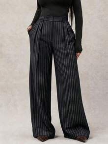 Pantalones anchos de pierna ancha de color café oscuro de moda minimalista para mujeres, pantalones de tela marrón de pierna ancha para el trabajo, pantalones de tiro alto de pierna ancha marrón para mujeres, pantalones de traje marrón para otoño/invierno - Negro 3 - Ver 4