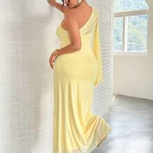 Plus Size Women's Elegant Romantic Fashion Commuter Sexy Elegant Style Asymmetrical Shoulder Bodycon Maxi Dress, Suitable For Party, Beach Vacation, Back To School, Romantic Date, Wedding Season, Birthday, Easter, Spring/Summer Dress - Amarillo - Ver 4
