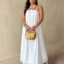 New Summer White Halter Loose A-Line Dress, Suitable For Beach, Party, Wedding, Valentine's Day, Cocktail, Sexy, Commute, Elegant Romantic, Birthday Party, Music Festival, White Dress With Metal Buckle/White Dress For Prom/Wedding Season/Valentine's Day/Party/Sexy/Commuting/Elegant And Romantic/Birthday Party/Music Festival/ - Blanco - Ver 8