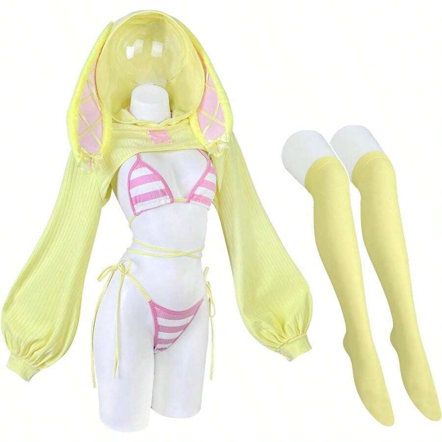 KORURACLUB Cosplay Maid Outfit Bunny Outfit Cosplay Women Animal Costumes Bunny Bodysuit - 黃色條紋 + XS-M - 查看 1