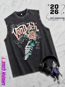 Men Black Washed Urban Edge Streetwear 100 Percent Cotton Sleeveless Tank Top Vons Dutchs Rose And Skeleton Hand Graphic Print Casual Wear For Everyday Outfits | Retro Heavyweight | | Perfect Gift | | Loose Comfortable Breathable | | Machine Washable Fabric | | Drippy Clothes | | Y2K | - màu đen - Xem 1