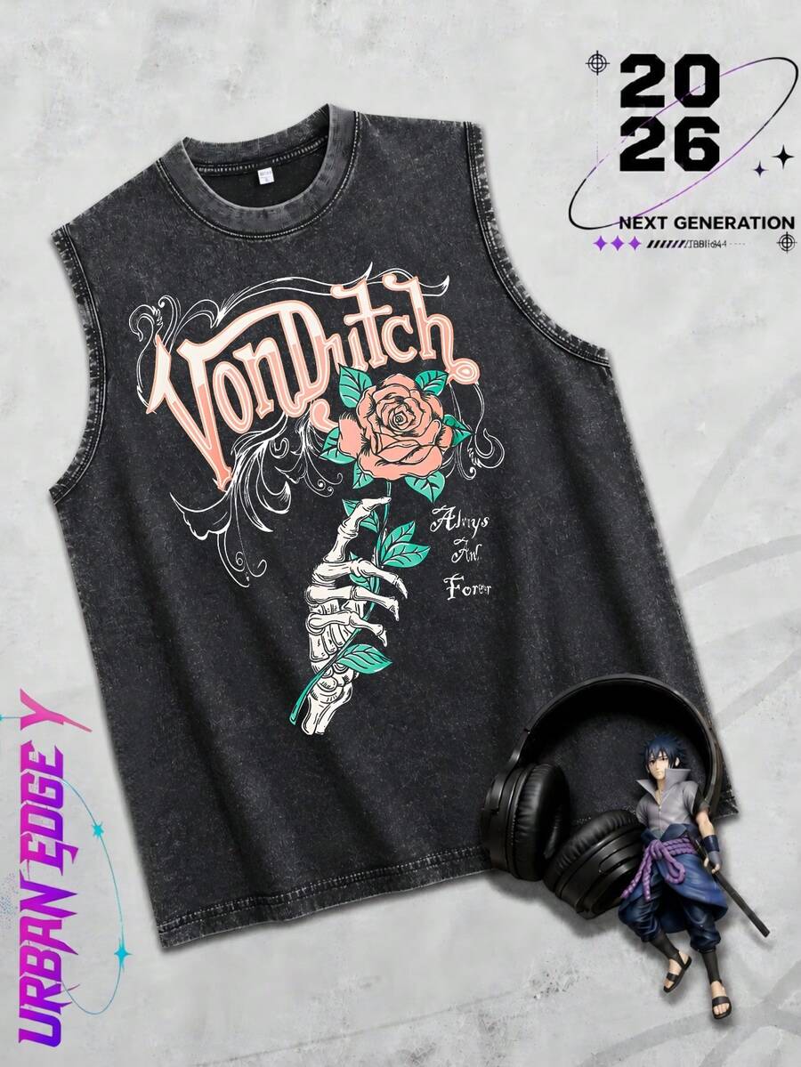 Men Black Washed Urban Edge Streetwear 100 Percent Cotton Sleeveless Tank Top Vons Dutchs Rose And Skeleton Hand Graphic Print Casual Wear For Everyday Outfits | Retro Heavyweight | | Perfect Gift | | Loose Comfortable Breathable | | Machine Washable Fabric | | Drippy Clothes | | Y2K | - màu đen - Xem 1