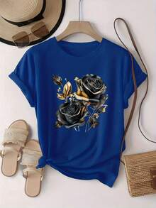 Soft 100% Cotton T-Shirt. A Stylish And Breathable T-Shirt With A Luxurious Vintage Design And A Black And Gold Rose Pattern, Perfect For Family Trips, College Events, Casual Wear, Daily Commutes, Matching Sister Outfits, And Versatile Use. Breathable Cotton T-Shirt, Goes With Everything. - 藍色 - 查看 4