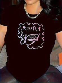 Camiseta de algodón% suave y transpirable para mujer de talla - Camiseta de manga corta con cuello redondo y estampado de mariposas y letras, en negro, rosa y blanco - Camiseta casual ligera esencial para el día a día - Cómoda para todas las estaciones, lavable aáquina - Camiseta unisex de algodón holgada de manga corta y cuello redondo estilo vintage urbano. - Negro - Ver 1