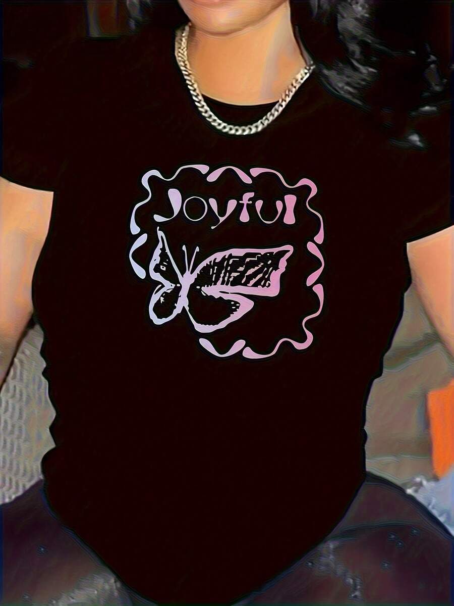 Camiseta de algodón% suave y transpirable para mujer de talla - Camiseta de manga corta con cuello redondo y estampado de mariposas y letras, en negro, rosa y blanco - Camiseta casual ligera esencial para el día a día - Cómoda para todas las estaciones, lavable aáquina - Camiseta unisex de algodón holgada de manga corta y cuello redondo estilo vintage urbano. - Negro - Ver 1