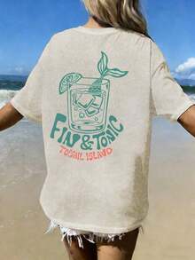 Camiseta/1 Pieza/100% Algodón Puro, Camiseta de Manga Corta con Cuello Redondo para Mujer, Lavado Retro, Estampado de Cóctel, Adecuada para Usar en Verano. -Vintage Street Style Unisex Loose Cotton Short Sleeve Crew Neck T-Shirtblusas para mujer, playeras de mujer,blusas casuales para dama, - Albaricoque - Ver 1